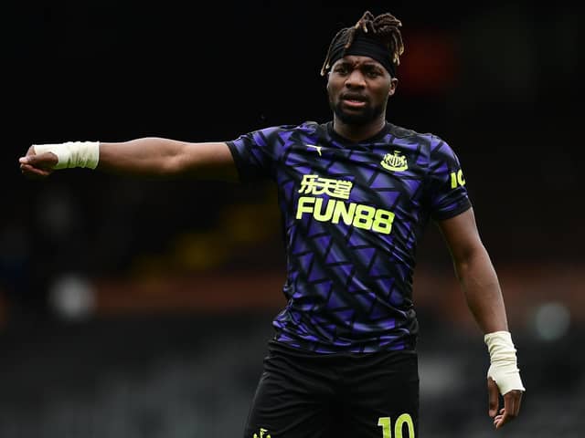 LONDON, ENGLAND - MAY 23: Allan Saint-Maximin of Newcastle United gestures during the Premier League match between Fulham and Newcastle United at Craven Cottage on May 23, 2021 in London, England. (Photo by Alex Broadway/Getty Images)