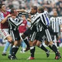 Lee Bowyer and Kieron Dyer of Newcastle come to blows during the FA Barclays Premiership match between Newcastle United and Aston Villa at St James Park on April 2, 2005 in Newcastle, England.  (Photo by Laurence Griffiths/Getty Images)