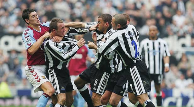 Lee Bowyer and Kieron Dyer of Newcastle come to blows during the FA Barclays Premiership match between Newcastle United and Aston Villa at St James Park on April 2, 2005 in Newcastle, England.  (Photo by Laurence Griffiths/Getty Images)