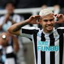 Bruno Guimaraes of Newcastle United celebrates after scoring their team's first goal during the Premier League match between Newcastle United and Brentford FC at St. James Park on October 08, 2022 in Newcastle upon Tyne, England. (Photo by Ian MacNicol/Getty Images)