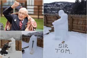 Reg Warnes, from Rothbury, created a snow sculpture tribute to Captain Sir Tom Moore.