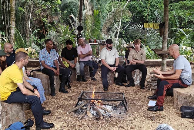 All the dads and kids on Into the Jungle with Ed Stafford in Expedition Base, as Ed gives them a health and safety chat (Picture: Channel 4)
