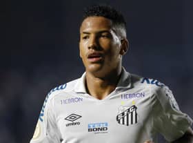 Angelo of Santos looks on during the match between Santos and Flamengo as part of Brasileirao Series A 2022 at Vila Belmiro Stadium on July 02, 2022 in Santos, Brazil. (Photo by Ricardo Moreira/Getty Images)