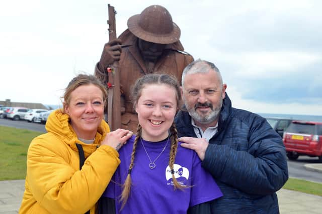 Heart transplant youngster Kayleigh Llewellyn with parents Shaun and Sonia Llewellyn.