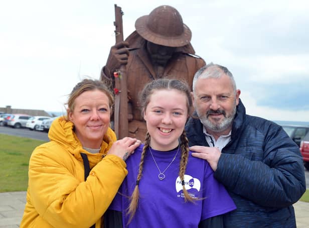 Heart transplant youngster Kayleigh Llewellyn with parents Shaun and Sonia Llewellyn.