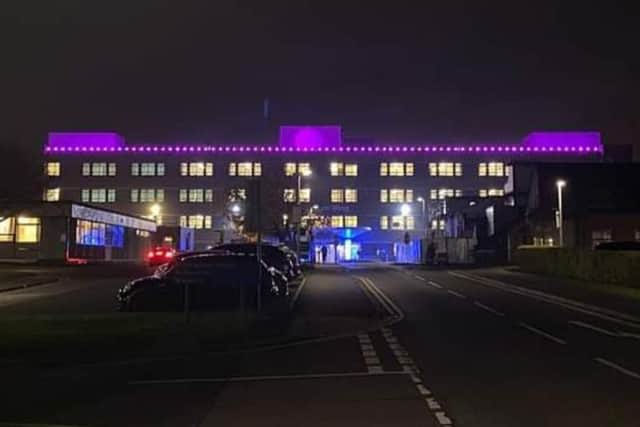 South Tyneside Hospital lit purple.