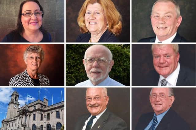 Top row: (l-r) Councillors Angela Hamilton, Olive Punch,  and Norman Dick.
Middle row (l-r): Councillors Nancy Maxwell, Allan West and Jim Sewell.
Bottom row: (l-r) Councillor Bill Brady, who has sadly passed away, and Peter Boyack.