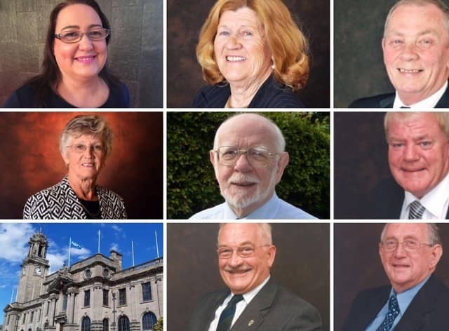 Top row: (l-r) Councillors Angela Hamilton, Olive Punch,  and Norman Dick.
Middle row (l-r): Councillors Nancy Maxwell, Allan West and Jim Sewell.
Bottom row: (l-r) Councillor Bill Brady, who has sadly passed away, and Peter Boyack.