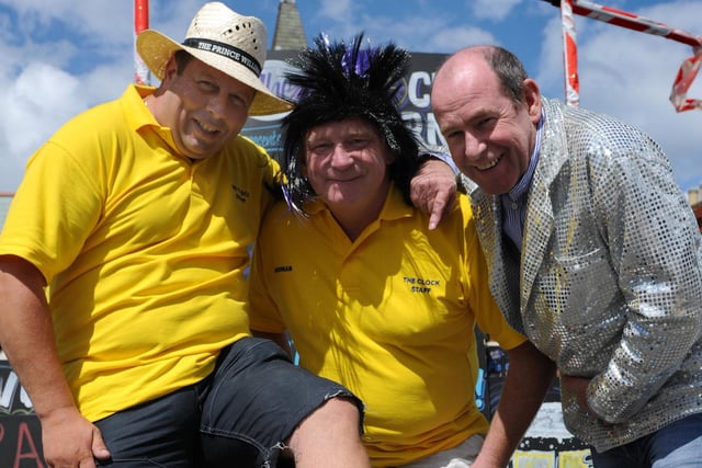 Chris White, Norman Scott and compere John Doonan of the Gaslighters at the 2012 festival.