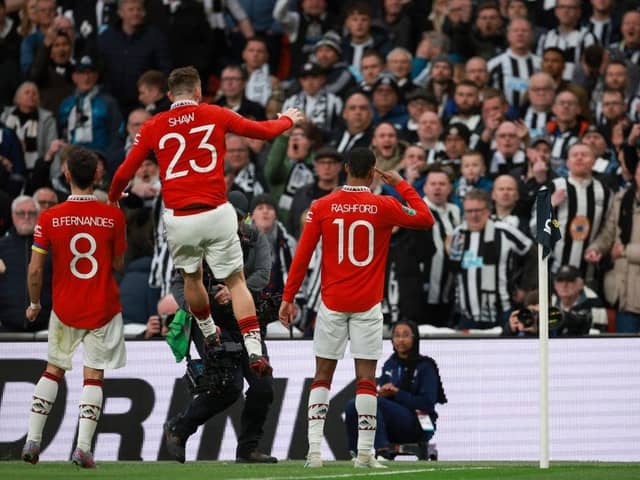 Marcus Rashford of Manchester United celebrates after scoring the team's second goal during the Carabao Cup Final match between Manchester United and Newcastle United at Wembley Stadium on February 26, 2023 in London, England. (Photo by Eddie Keogh/Getty Images)