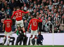 Marcus Rashford of Manchester United celebrates after scoring the team's second goal during the Carabao Cup Final match between Manchester United and Newcastle United at Wembley Stadium on February 26, 2023 in London, England. (Photo by Eddie Keogh/Getty Images)