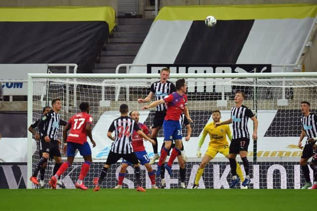 Blackburn pressure in the final minutes of the English League Cup second round football match between Newcastle United and Blackburn Rovers at St James' Park in Newcastle upon Tyne in north east England on September 15, 2020.