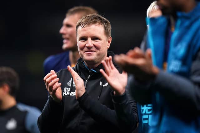 Newcastle United head coach Eddie Howe applauds fans after last month's win over Tottenham Hotspur.