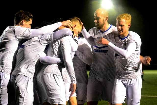 Consett celebrate Dale Pearson goal against Lutterworth Town. CREDIT GARY WELFORD CONSETT AFC.