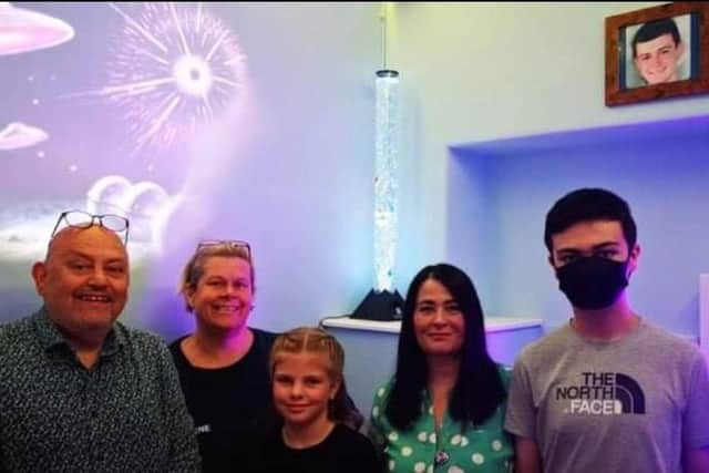 Left to right is Ray Spencer (Waves patron) Suzanne Jackson (Waves chair) Leah Denny (member) Joan Ternent (Lee's mam) and Cody Ternent (Lee's brother)