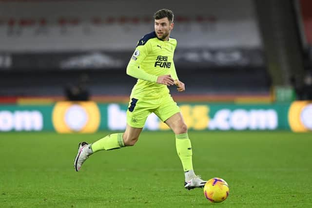 SHEFFIELD, ENGLAND - JANUARY 12: Newcastle player Paul Dummett in action during the Premier League match between Sheffield United and Newcastle United at Bramall Lane on January 12, 2021 in Sheffield, England. Sporting stadiums around England remain under strict restrictions due to the Coronavirus Pandemic as Government social distancing laws prohibit fans inside venues resulting in games being played behind closed doors. (Photo by Stu Forster/Getty Images)