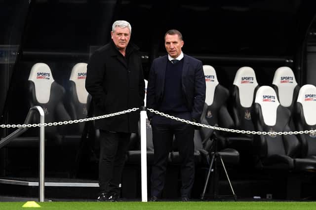 Newcastle United head coach Steve Bruce and his Leicester City counterpart Brendan Rodgers.