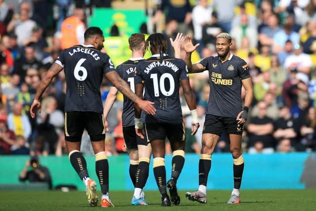 Joelinton of Newcastle United celebrates after scoring their side's first goal during the match between Norwich City and Newcastle United (Photo by Stephen Pond/Getty Images)