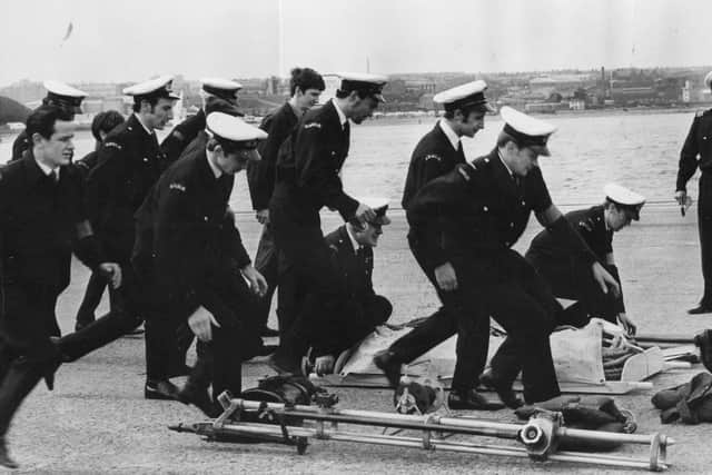 Members of South Shields Volunteer Life Brigade taking part in a mock rescue, 1968.