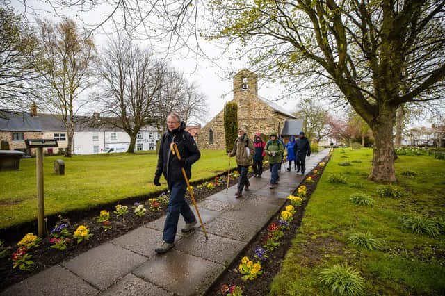 Bishop Paul leads the Inaugural Pilgrim walkers on day two of the Wy of Love from St Mary Magdalene church in Trimdon.