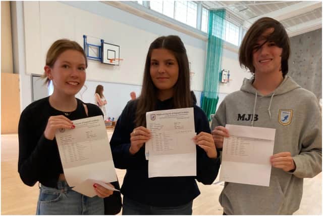 Whitburn students Evie Ruddick, Ellen Wood and Morgan Beech celebrate their GCSE results.