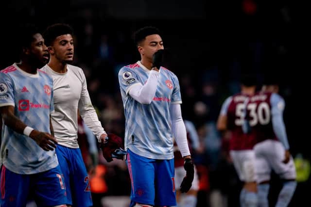 Jesse Lingard of Manchester United reacts during the Premier League match between Aston Villa and Manchester United at Villa Park on January 15, 2022 in Birmingham, England. (Photo by Ash Donelon/Manchester United via Getty Images)