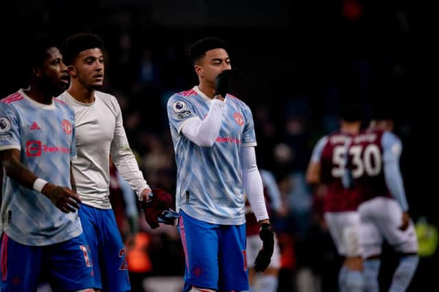 Jesse Lingard of Manchester United reacts during the Premier League match between Aston Villa  and  Manchester United at Villa Park on January 15, 2022 in Birmingham, England. (Photo by Ash Donelon/Manchester United via Getty Images)