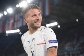 Ciro Immobile celebrates scoring Italy's second goal.