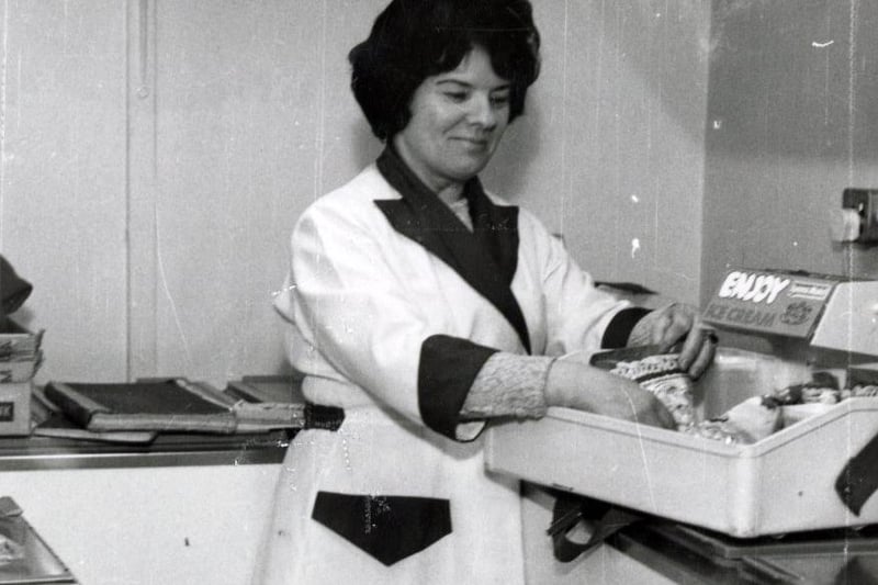 An usherette packing her ice cream tray at Studio 7 Cinema (formerly Wicker Picture House) on The Wicker. Date period 1960-1979. Ref no s46085