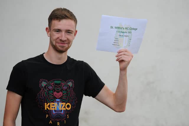St Wilfrids RC Sixth Form student Owen Andre with his results.