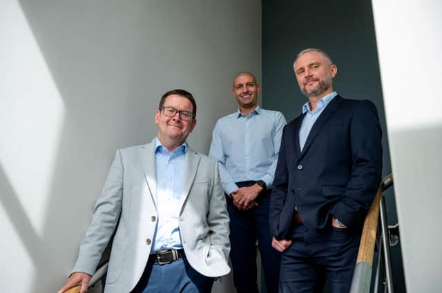 Members of the senior management at Castle Building Services, left to right, Simon Groom, technical director; Richard Flynn, pre-construction manager; and Richard Farrel, operations director.