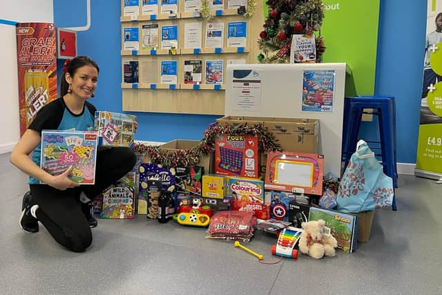 Simone Nasar with presents from The Gym in South Shields