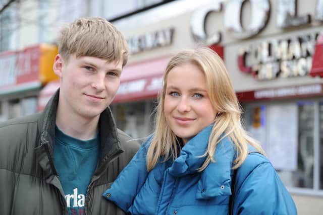 Eve Percival, 19 and Jack Brown, 18 queuing outside Colman's Ocean Road, South Shields.