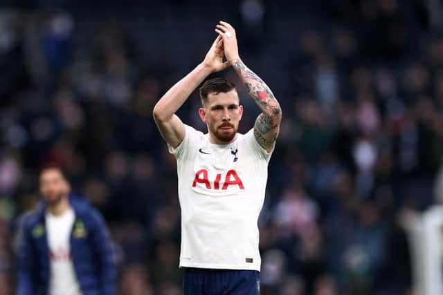 Pierre-Emile Hojbjerg of Tottenham Hotspur applauds the fans following victory in the Premier League match between Tottenham Hotspur and Newcastle United at Tottenham Hotspur Stadium on April 03, 2022 in London, England. (Photo by Ryan Pierse/Getty Images)