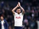 Pierre-Emile Hojbjerg of Tottenham Hotspur applauds the fans following victory in the Premier League match between Tottenham Hotspur and Newcastle United at Tottenham Hotspur Stadium on April 03, 2022 in London, England. (Photo by Ryan Pierse/Getty Images)