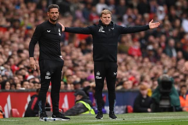 Eddie Howe, Manager of Newcastle United, reacts during the Premier League match between Manchester United and Newcastle United at Old Trafford on October 16, 2022 in Manchester, England. (Photo by Stu Forster/Getty Images)