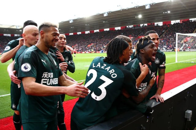 SOUTHAMPTON, ENGLAND - MARCH 07: Allan Saint-Maximin of Newcastle United celebrates with teammates after scoring his team's first goal during the Premier League match between Southampton FC and Newcastle United at St Mary's Stadium on March 07, 2020 in Southampton, United Kingdom. (Photo by Jordan Mansfield/Getty Images)