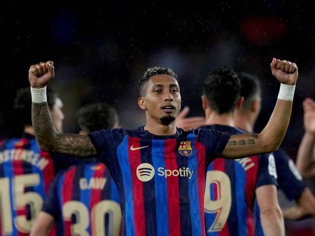 BARCELONA, SPAIN - APRIL 29: Raphinha of FC Barcelona celebrates after scoring the team's third goal during the LaLiga Santander match between FC Barcelona and Real Betis at Spotify Camp Nou on April 29, 2023 in Barcelona, Spain. (Photo by Alex Caparros/Getty Images)