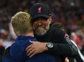Liverpool manager Jurgen Klopp embraces Newcastle United head coach Eddie Howe before the game at Anfield.