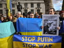 LONDON, ENGLAND - FEBRUARY 24: Ukrainians demonstrate outside Downing Street against the recent invasion of Ukraine on February 24, 2022 in London, England. Overnight, Russia began a large-scale attack on Ukraine, with explosions reported in multiple cities and far outside the restive eastern regions held by Russian-backed rebels. European governments reacted with widespread condemnation and vows of more sanctions. (Photo by Jeff J Mitchell/Getty Images)