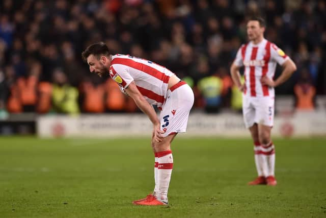 STOKE ON TRENT, ENGLAND - JANUARY 03: Morgan Fox of Stoke City looks dejected following the Sky Bet Championship match between Stoke City and Preston North End at Bet365 Stadium on January 03, 2022 in Stoke on Trent, England. (Photo by Nathan Stirk/Getty Images)