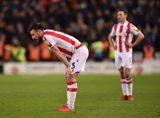 STOKE ON TRENT, ENGLAND - JANUARY 03: Morgan Fox of Stoke City looks dejected following the Sky Bet Championship match between Stoke City and Preston North End at Bet365 Stadium on January 03, 2022 in Stoke on Trent, England. (Photo by Nathan Stirk/Getty Images)
