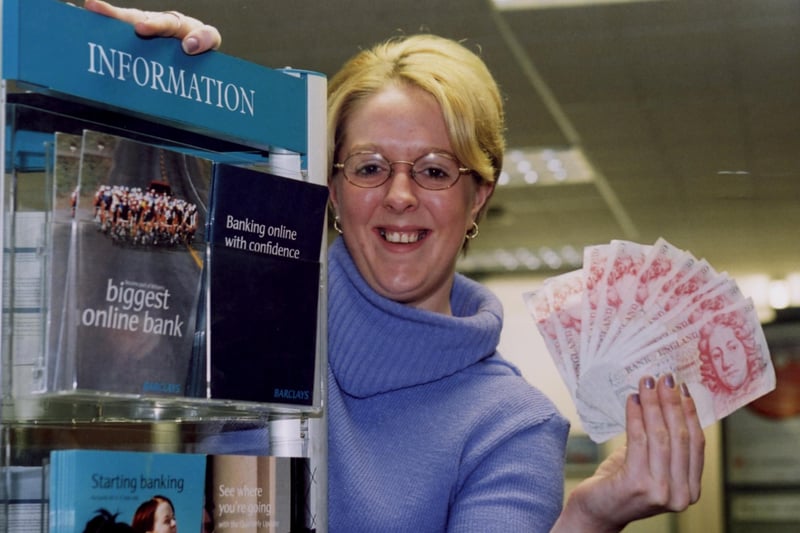 Claire Hindmarch, Barnsley and Doncaster TEC's 500th modern apprentice with an appropriate handful of £500 in £50 notes pictured in 2001