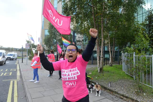 BT- Harton Quay staff and CWU officials picket line.