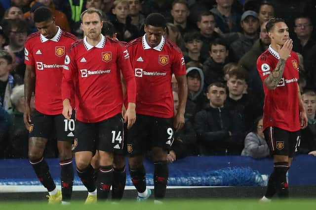 Antony of Manchester United celebrates scoring their first goal during the Premier League match between Everton FC and Manchester United at Goodison Park on October 09, 2022 in Liverpool, England. (Photo by Tom Purslow/Manchester United via Getty Images)