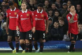 Antony of Manchester United celebrates scoring their first goal during the Premier League match between Everton FC and Manchester United at Goodison Park on October 09, 2022 in Liverpool, England. (Photo by Tom Purslow/Manchester United via Getty Images)