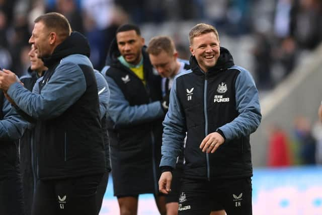 Newcastle United head coach Eddie Howe reacts to the win over Manchester United.