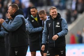 Newcastle United head coach Eddie Howe reacts to the win over Manchester United.