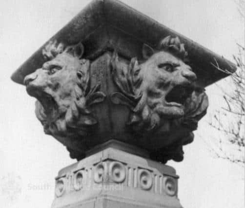 Historic images of the Grand Promenade Staircase with lions’ heads urns.