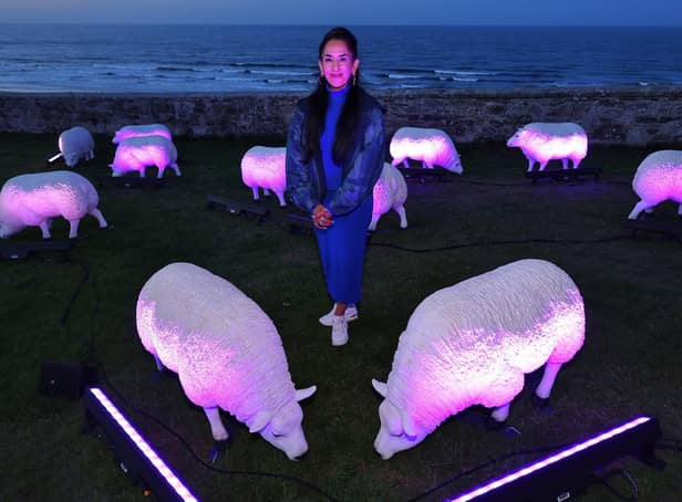 Illuminated sheep art work at Bamburgh with artist Deepa Mann-Kler
 (photo: Raoul Dixon)